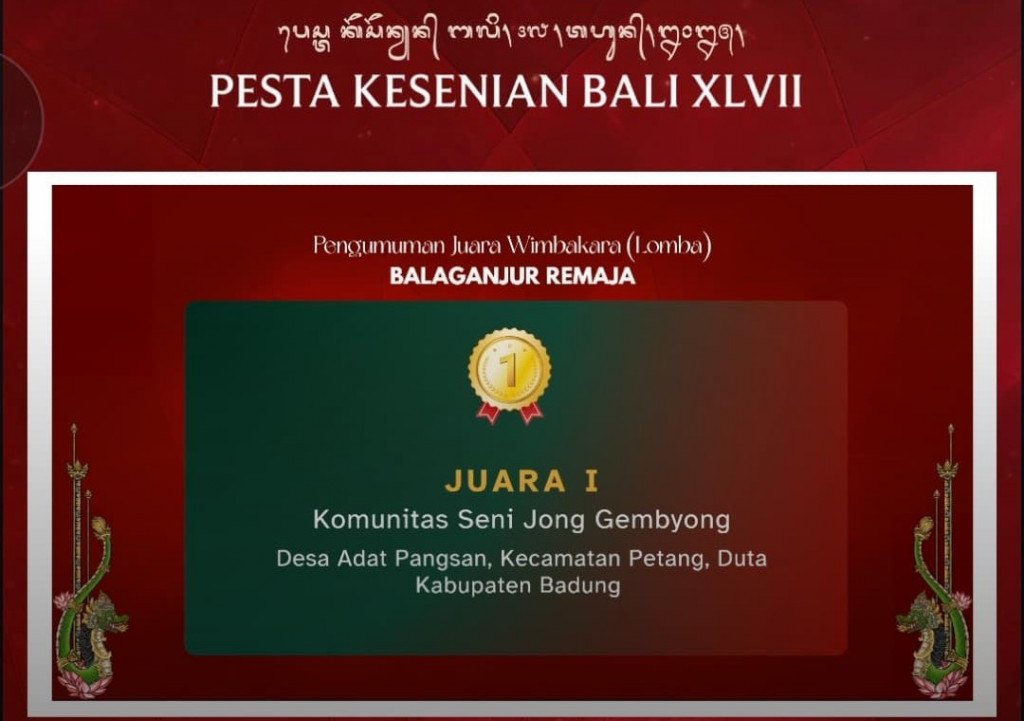Komunitas Seni Jong Gembyong Desa Pangsan meraih Juara I Lomba Balaganjur Remaja dalam Pesta Kesenian Bali tahun 2025